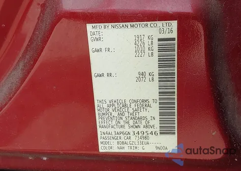 2016 Nissan Altima 2.5/2.5 S/2.5 Sl/2.5 Sr/2.5 Sv from USA, damaged, VIN 1N4AL3AP6GN349546